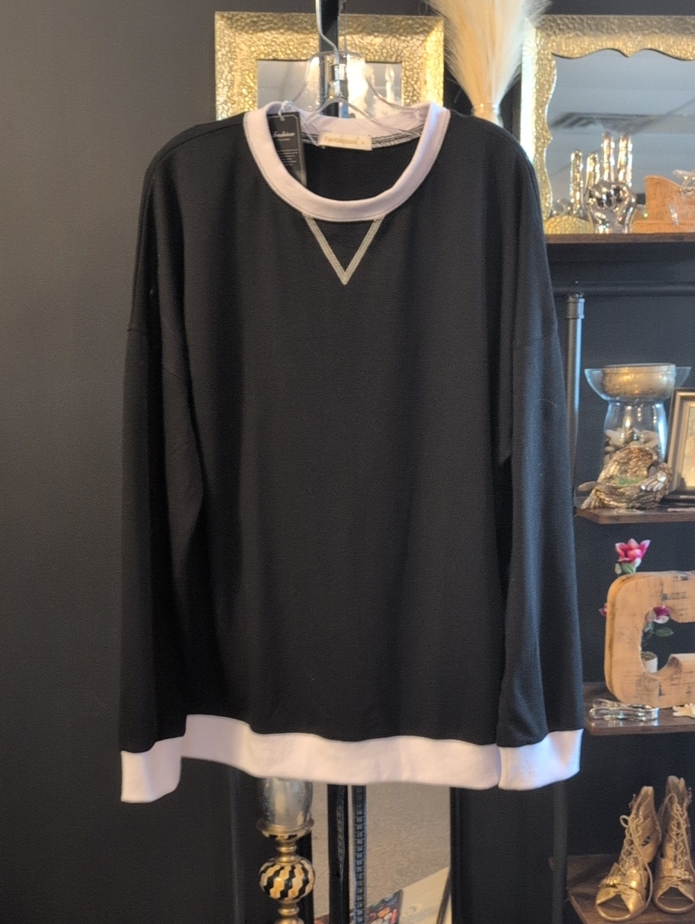 Women's Black Crewneck Sweatshirt with White Trim